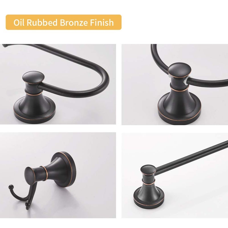 BESy Oil Rubbed Bronze 4 Piece Bathroom Accessories Set (Single Towel Bar, Towel Ring, Toilet Paper Holder, Double Towel Hooks), Wall Mounted Bath Hardware Accessory Fixtures Set - Image 2